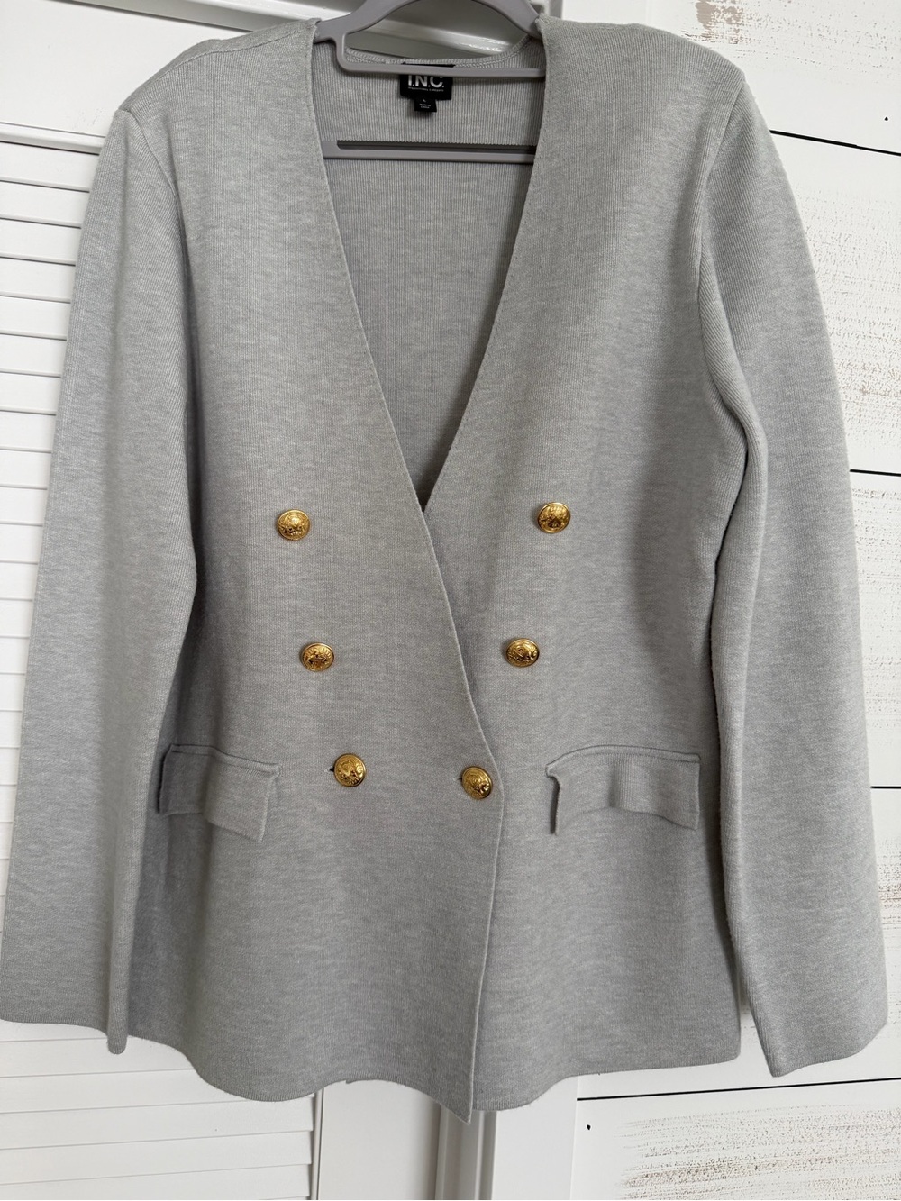 INC International Concepts Light Gray Double-Breasted Blazer with Gold Buttons